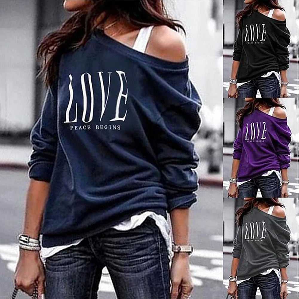 Women One Off Shoulder Long Sleeve Sweatshirt