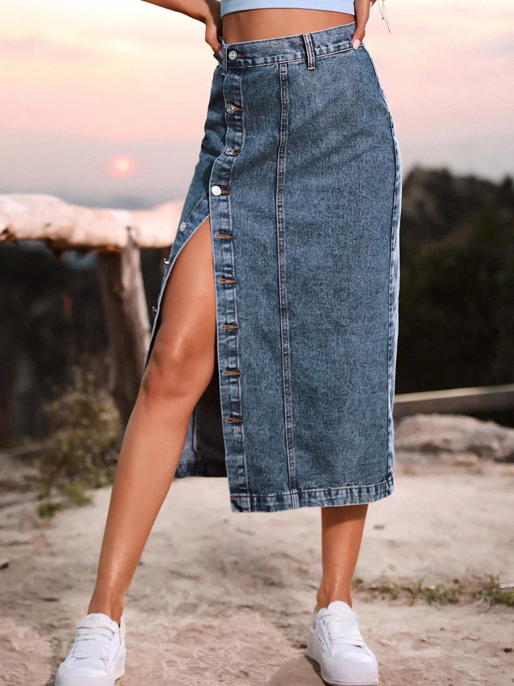 Women Button  Denim Skirt