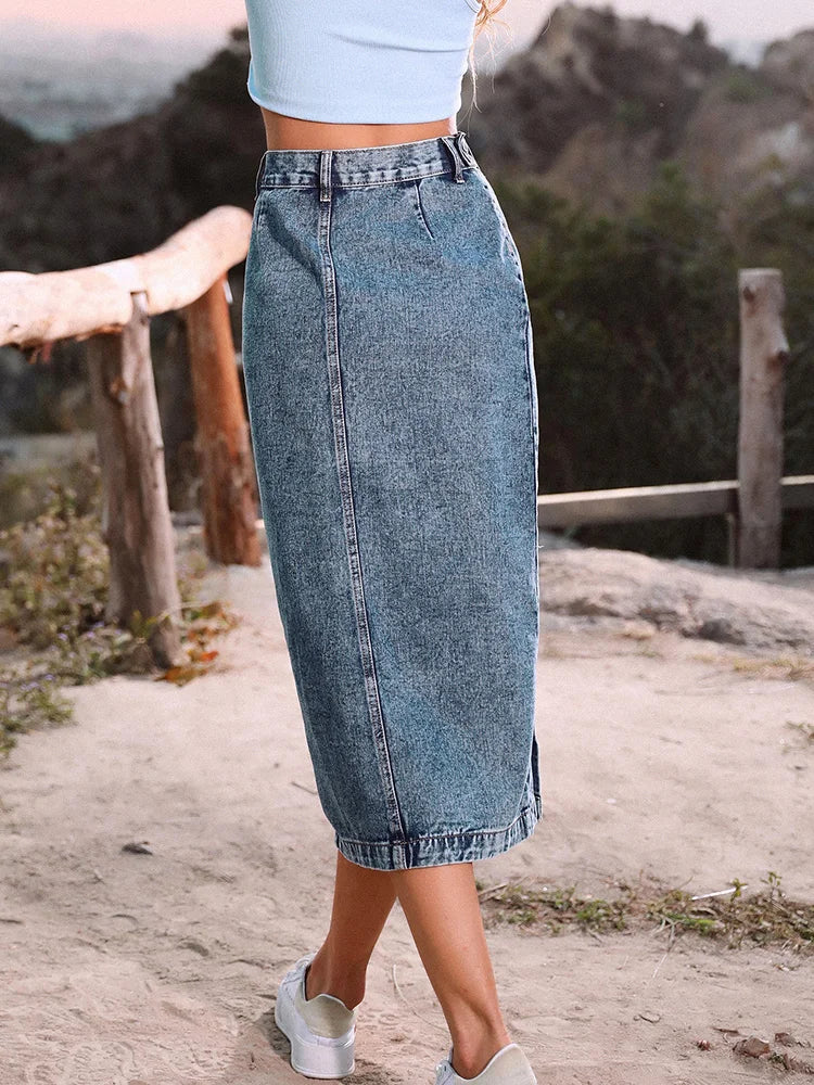 Women Button  Denim Skirt