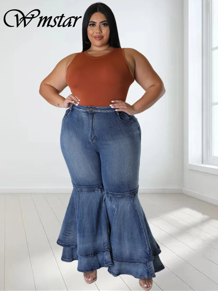 Plus Size Jeans Women High Waist Flared Pants