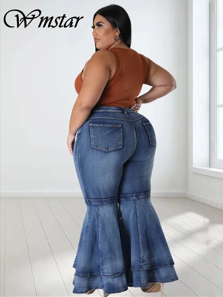 Plus Size Jeans Women High Waist Flared Pants