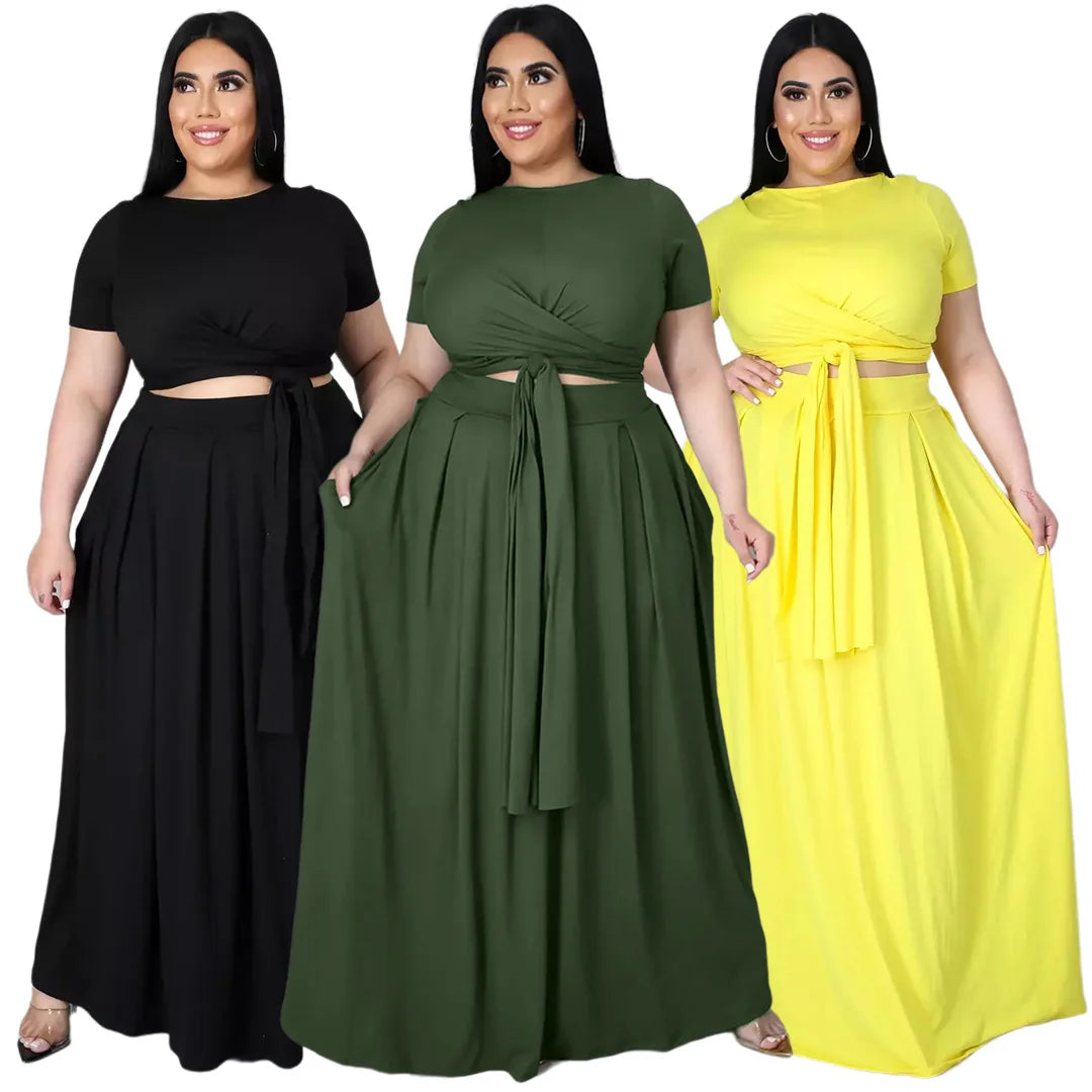 Plus Size Cross Tie Shirt / Long Skirt 2-piece Set Crop